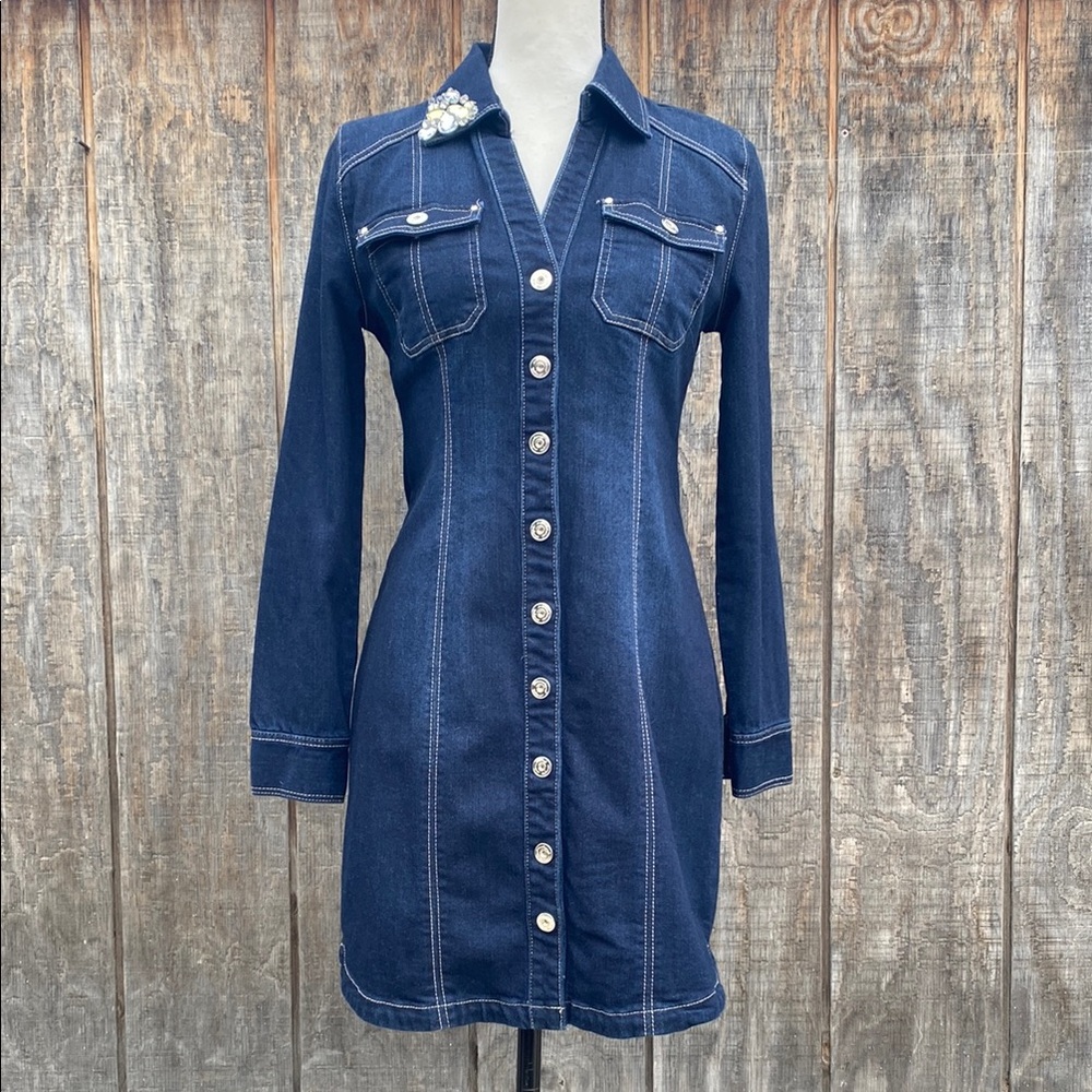 INC International Concepts Blue Sheath Denim Dress with Notched Collar Size 2P